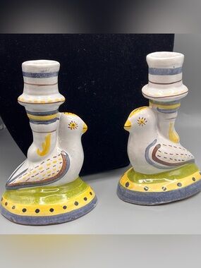 Vintage Portuguese Pottery Candlestick Holder Bird Yellow Blue Authorized Copy